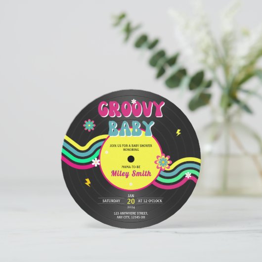Retro Vynil Record Groovy Baby Shower 80er Neon Einladung (Stehend Vorderseite)