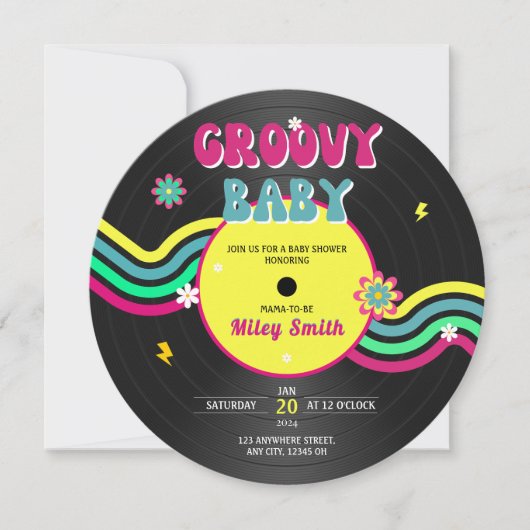 Retro Vynil Record Groovy Baby Shower 80er Neon Einladung (Vorderseite)