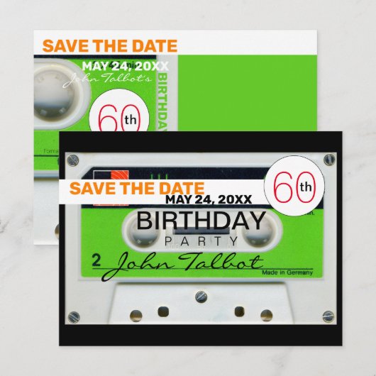 Retro W Audiotape 60. Geburtstag Save the Date HPC Feiertagspostkarte (Vorne/Hinten)