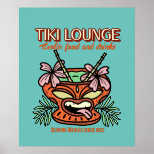 Retro Waikiki Tiki Lounge Print on Brown Poster