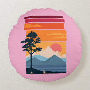 Retro-Wanderlust-Sonnenuntergang-Berg-Naturschönhe Rundes Kissen