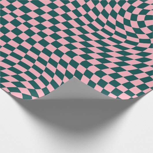 Retro-Warpane-Dschungelgrün-rosa-Karos geprüft Geschenkpapier (Ecke)
