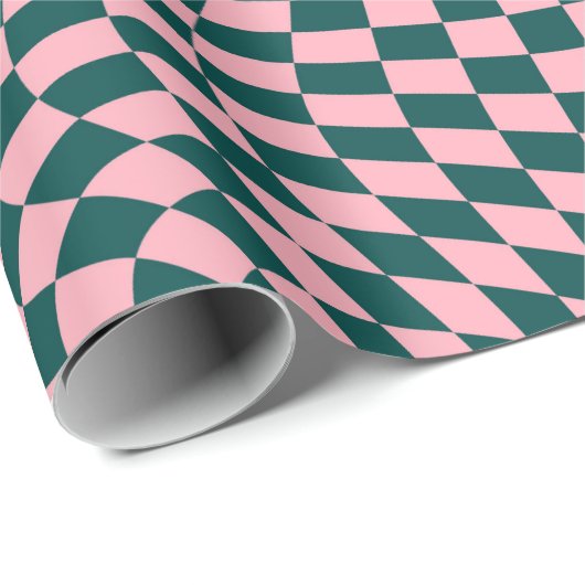 Retro-Warpane-Dschungelgrün-rosa-Karos geprüft Geschenkpapier (Rolleneckpunkt)
