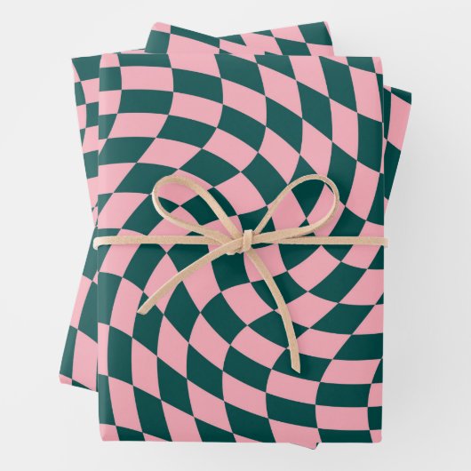 Retro-Warpane-Dschungelgrün-rosa-Karos geprüft Geschenkpapier Set (Beispiel)