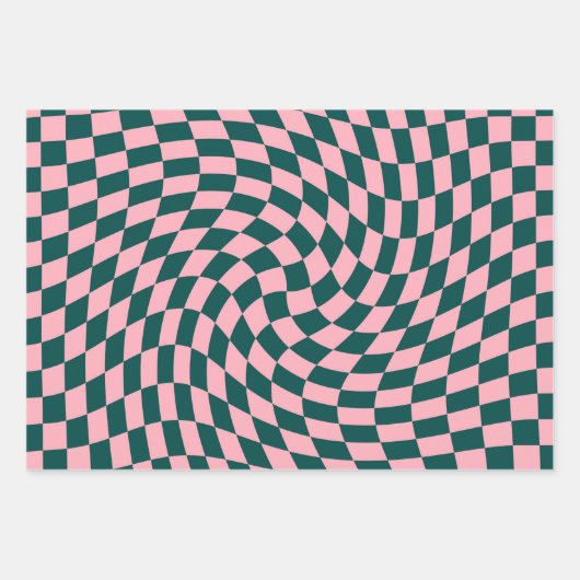 Retro-Warpane-Dschungelgrün-rosa-Karos geprüft Geschenkpapier Set (Vorderseite)