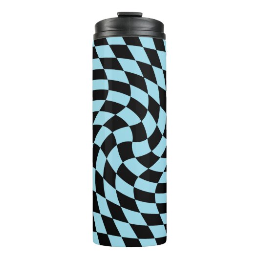 Retro Warped Black Blue Karos überprüft Thermosbecher (Vorderseite)