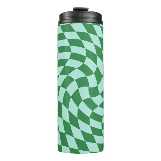 Retro Warped Blue Green Karos Checked Thermosbecher (Vorderseite)