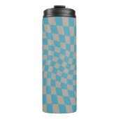 Retro Warped Grau Blue Karo Karo überprüft Thermosbecher (Vorderseite)
