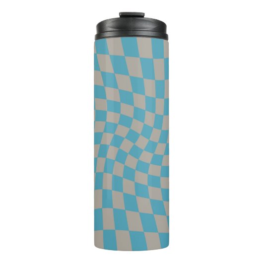 Retro Warped Grau Blue Karo Karo überprüft Thermosbecher (Vorderseite)