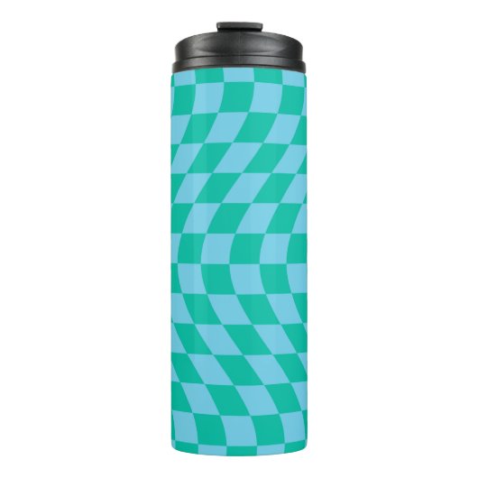 Retro-Warppastellblauer Karo geprüft Thermosbecher (Vorderseite)