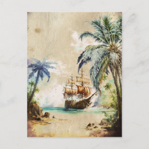 Retro Wasserfarbe Pirate Schiff Palmen Palmen alte Postkarte