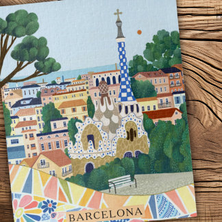 Retro Watercolor Barcelona Spain Travel  Puzzle