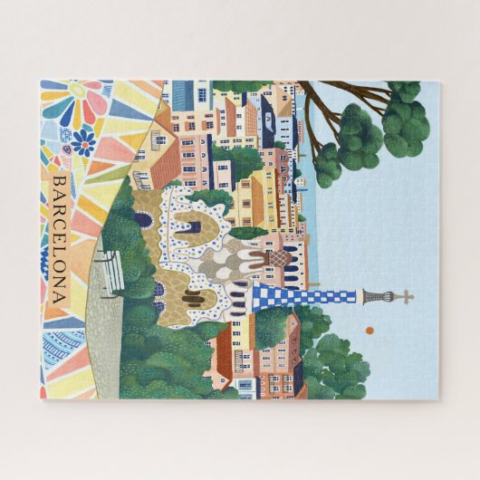 Retro Watercolor Barcelona Spain Travel Puzzle (Horizontal)
