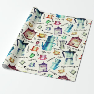 Retro Watercolor Coffee Pots Cups Muster Geschenkpapier