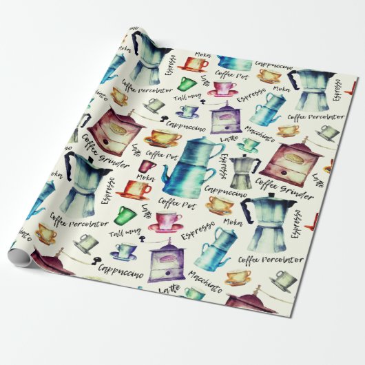Retro Watercolor Coffee Pots Cups Muster Geschenkpapier (Ungerollt)