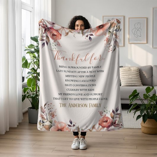 Retro Watercolor Floral Thankful For Everthing Fleecedecke