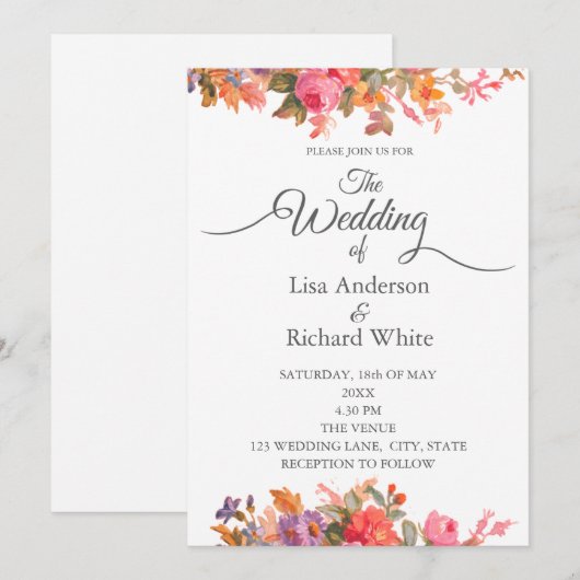 Retro Watercolor Florals Einladung (Vorne/Hinten)