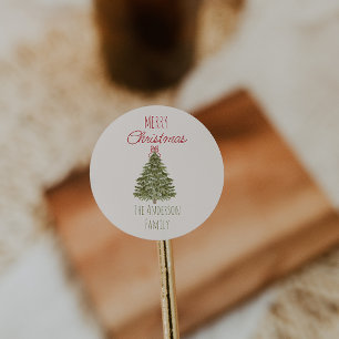 Retro Watercolor Green Red Christmas Tree Vintag Runder Aufkleber