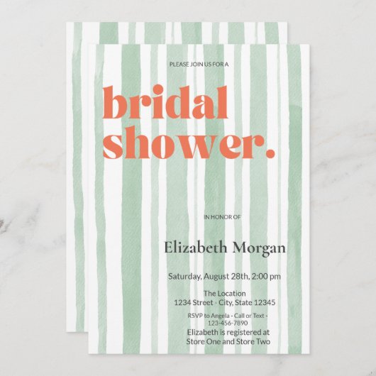 Retro Watercolor Green Stripes Brautparty Einladung (Vorne/Hinten)