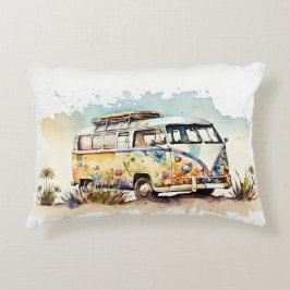 Retro-Watercolor-Hippie-Bus mit Blume Dekokissen