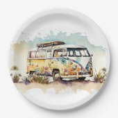 Retro-Watercolor-Hippie-Bus mit Blume Pappteller (Vorderseite)