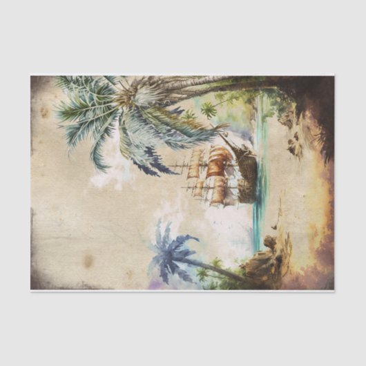 Retro Watercolor Pirate Ship Palm Tree Decoupage Seidenpapier (Vorderseite)
