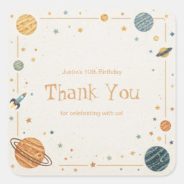 Retro Watercolor Planet Rocket Gold Frame Quadratischer Aufkleber