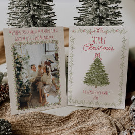 Retro Watercolor Red Green Christmas Bow Tree Feiertagskarte