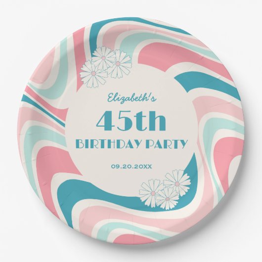 Retro Wave Blume Rosa Grün Geburtstag Pappteller (Vorderseite)