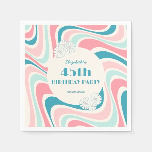 Retro Wave Blume Rosa Grün Geburtstag Serviette (Vorderseite)