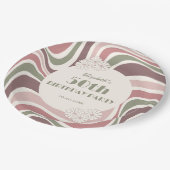 Retro Wave Blume Sage Brown Peach Geburtstag Pappteller (Schrägansicht)
