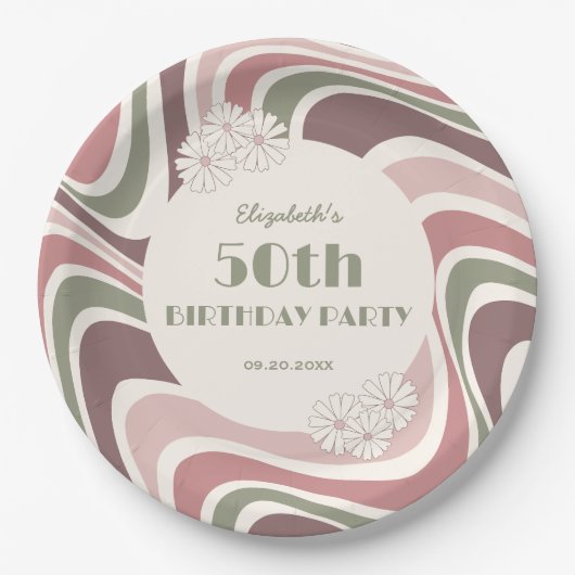 Retro Wave Blume Sage Brown Peach Geburtstag Pappteller (Vorderseite)
