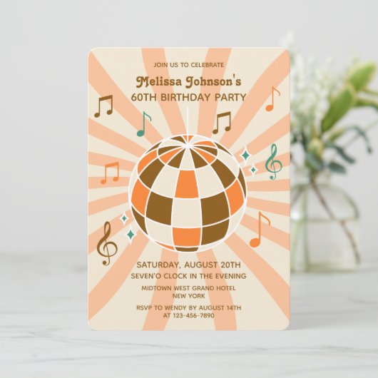Retro Wave Disco Ball Musikalisches Orange Geburts Einladung (Stehend Vorderseite)