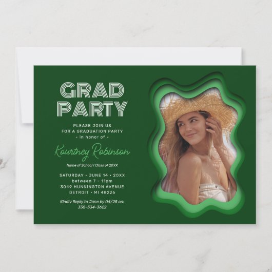 Retro Wave Green Foto Graduation Party Einladung (Vorderseite)