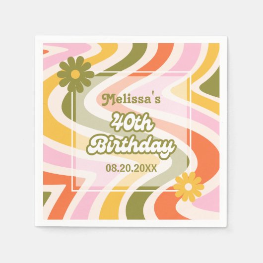 Retro Wave Groovy Blume Green 40. Geburtstag Serviette (Vorderseite)