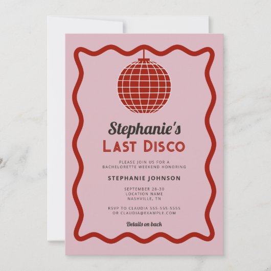 Retro Wave Pink und Red Last Disco Bacheloretto Einladung (Vorderseite)