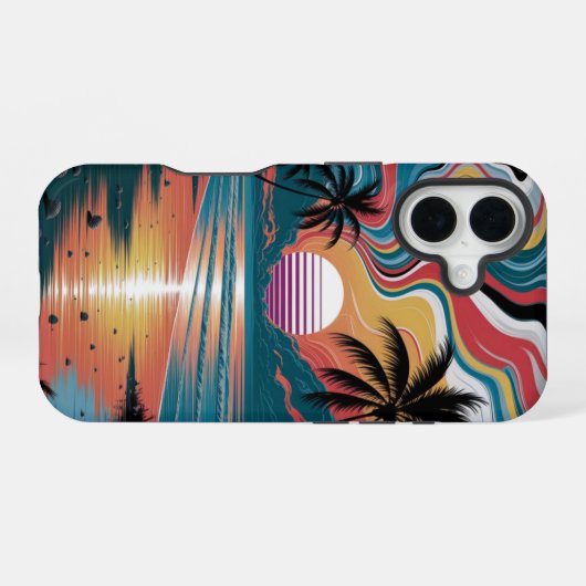 Retro Wave Sunset iPhone 16 Hülle (Rückseite (Horizontal))