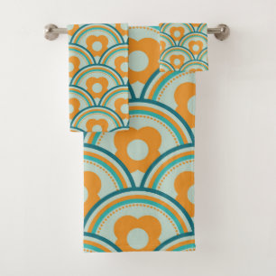 Retro Waves and Blume Aqua, Aquamarin, Orange Badhandtuch Set