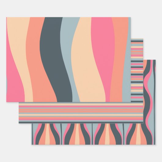 Retro Waves and Stripes Pink Apricot Blue Geschenkpapier Set (Set)