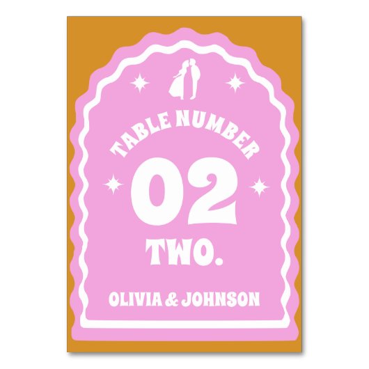 Retro Wavy Arch Pink & Gelb Paare Foto Tischnummer (Vorderseite)