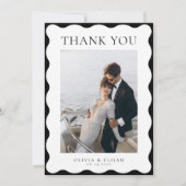 Retro Wavy Black and White Foto W Note Wedding Dankeskarte (Vorderseite)