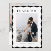 Retro Wavy Black and White Foto W Note Wedding Dankeskarte (Vorne/Hinten)