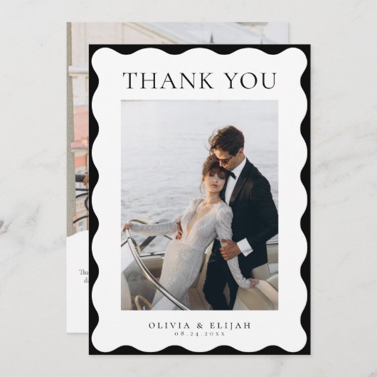 Retro Wavy Black and White Foto W Note Wedding Dankeskarte (Vorne/Hinten)