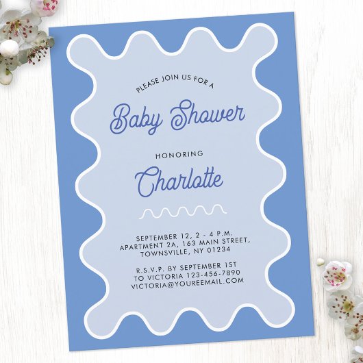 Retro Wavy Blue Curve Baby Dusche Einladung Postkarte