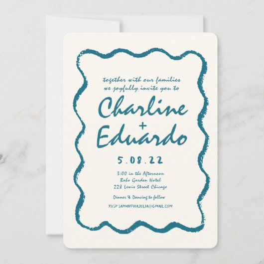 Retro Wavy Blue Handwriting Wedding Einladung (Vorderseite)