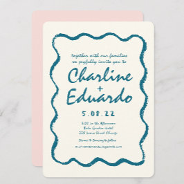 Retro Wavy Blue Handwriting Wedding Einladung