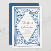 Retro Wavy Blue Lace Hochzeit Einladung (Vorne/Hinten)