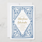 Retro Wavy Blue Lace Hochzeit Einladung (Vorderseite)