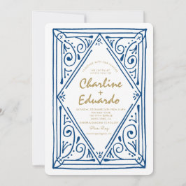 Retro Wavy Blue Lace Hochzeit Einladung