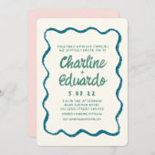 Retro Wavy Blue und Green Handwriting Wedding Einladung (Vorne/Hinten)